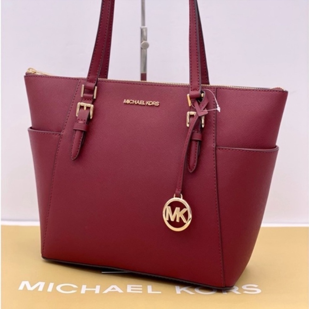 Michael Kors Charlotte Leather Tote Shoulder Bag Dark Cherry - Picture 4 of 11